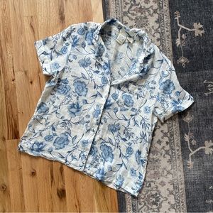 Rachel Ashwell Floral Blue White Linen Short Sleeve Button Down Small